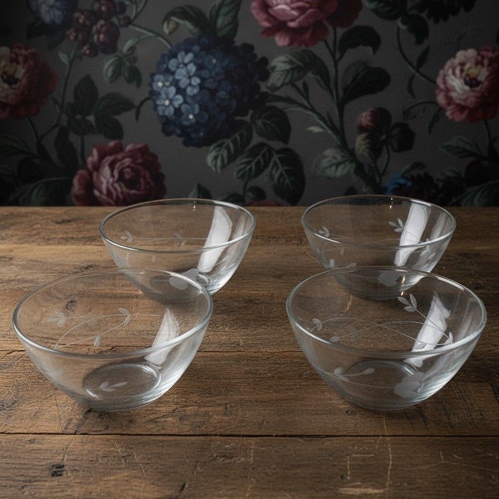 Princess House Heritage Cereal Bowls, Set of 4, Vintage Floral Etched Glass